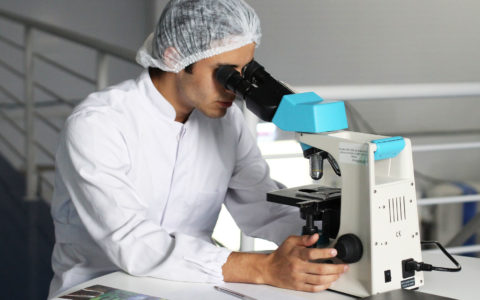 Lääketutkimuksen ammattilainen katsoo mikroskooppiin.